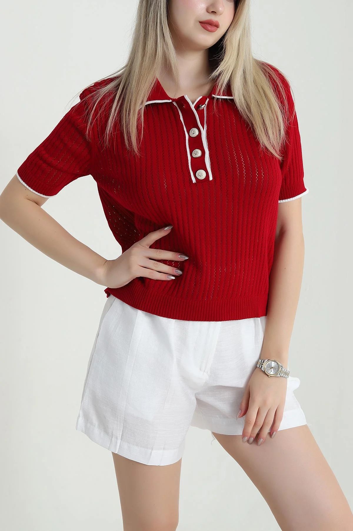 Kırmızı Ajurlu Polo Yaka Kadın Triko 471089