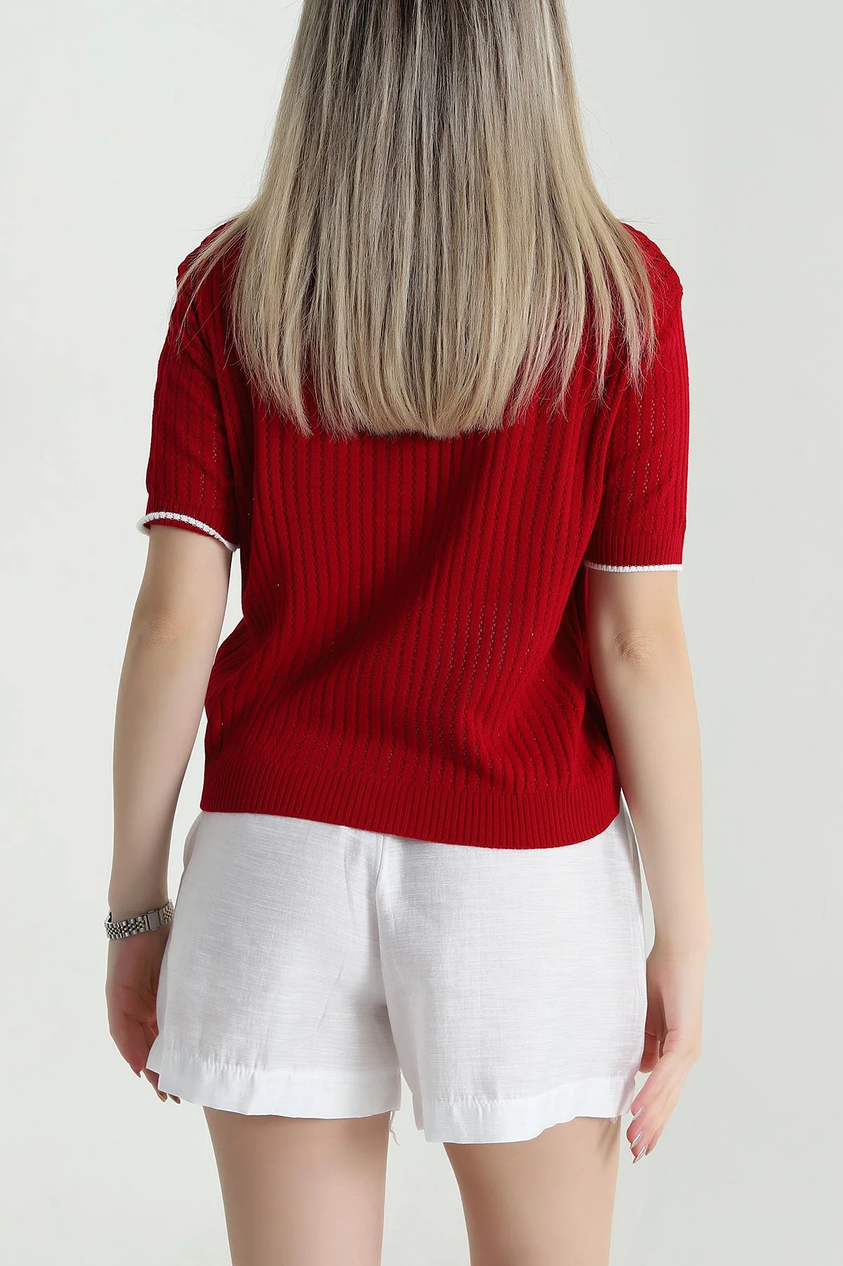 Kırmızı Ajurlu Polo Yaka Kadın Triko 471089