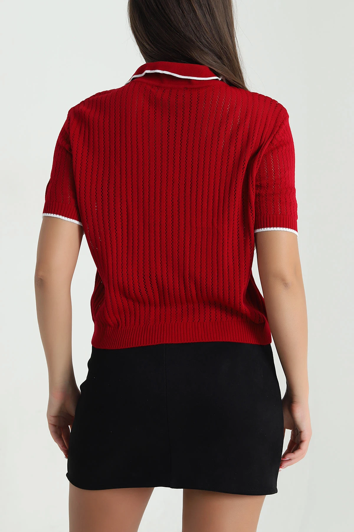 Kırmızı Ajurlu Polo Yaka Triko 477703