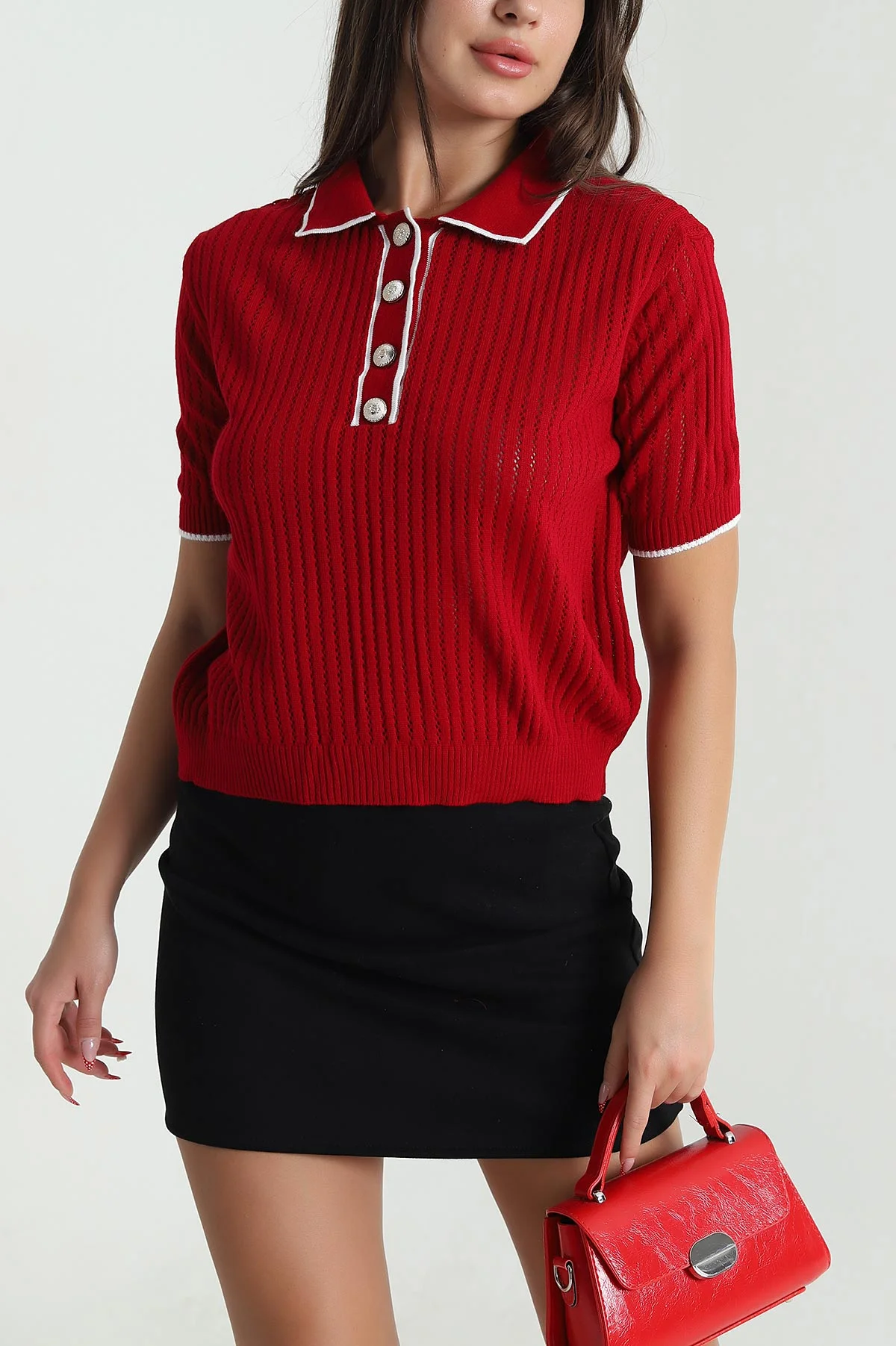 Kırmızı Ajurlu Polo Yaka Triko 477703