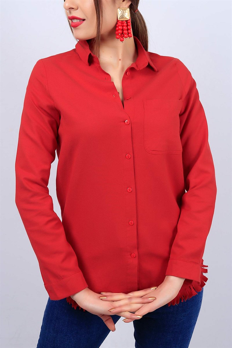 Kırmızı Alt Kesik Bayan Cepli Gömlek 12286B