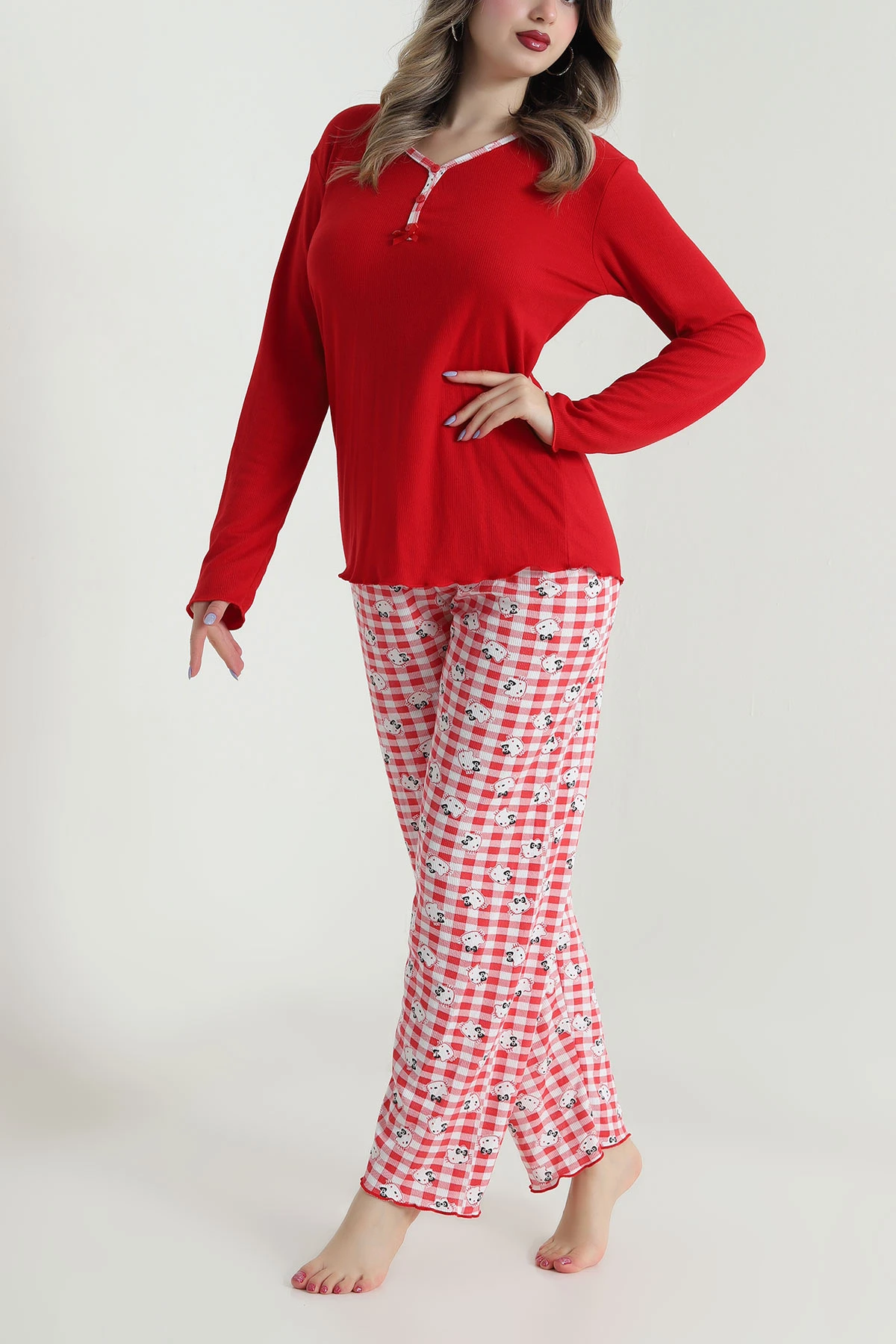 Kırmızı Armut Yaka Fitilli Kadın Pijama Takımı 494673