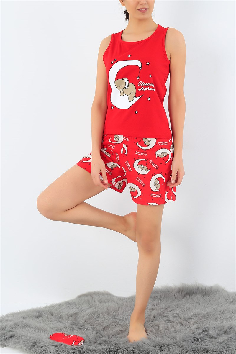 Kırmızı Ay Baskılı Bayan Pijama Takımı 32701