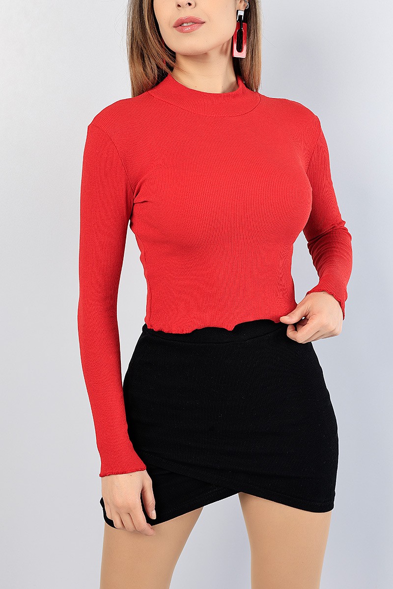 Kırmızı Balıkçı Yaka Fitilli Triko Bluz 82398