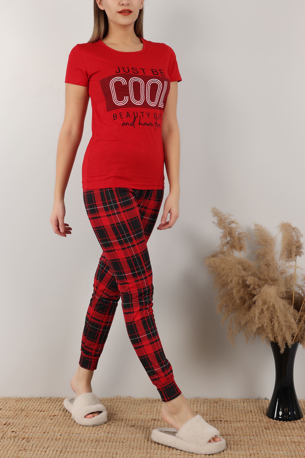 Kırmızı Baskılı Bayan Pijama Takımı 155539