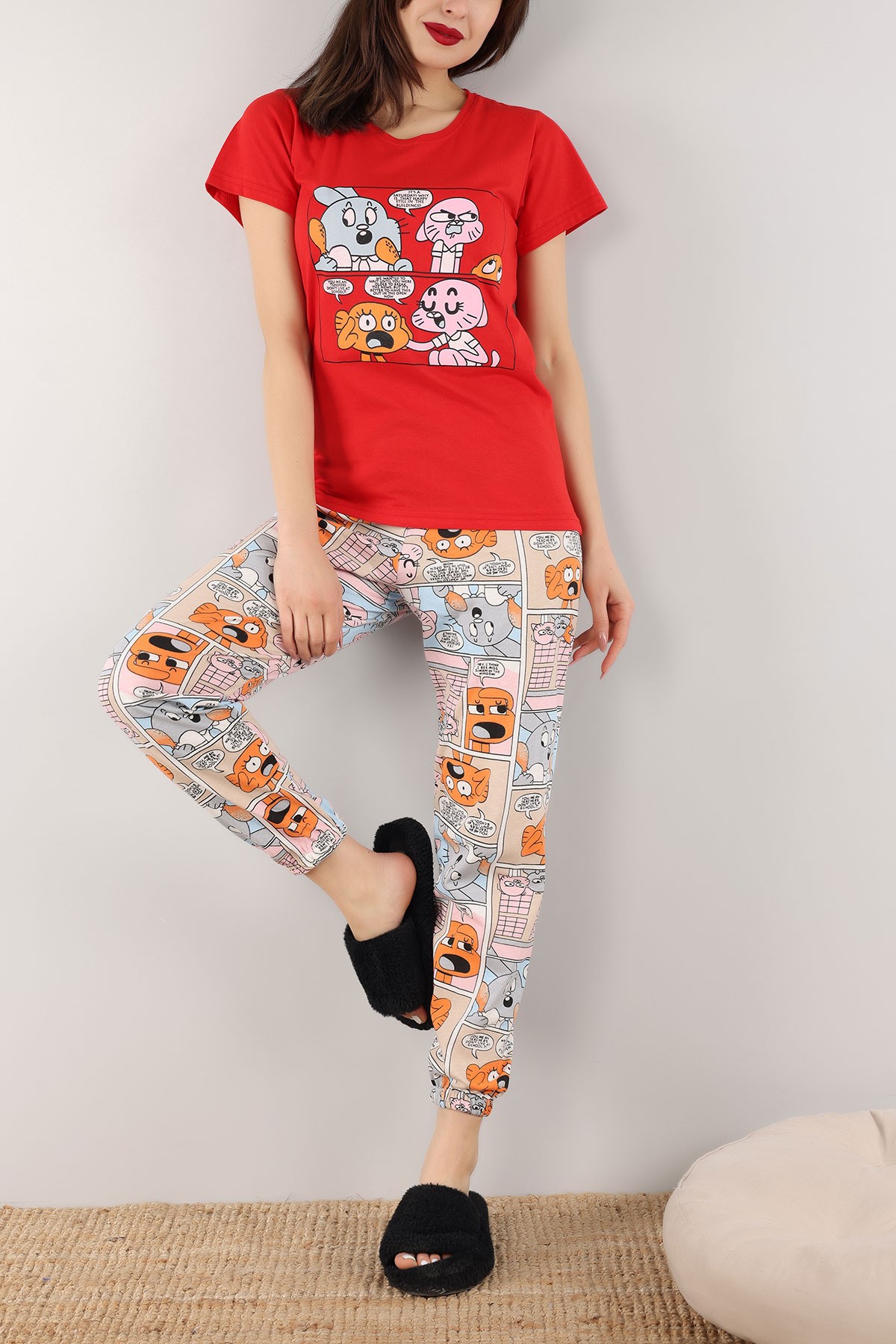 Kırmızı Baskılı Bayan Pijama Takımı 165782