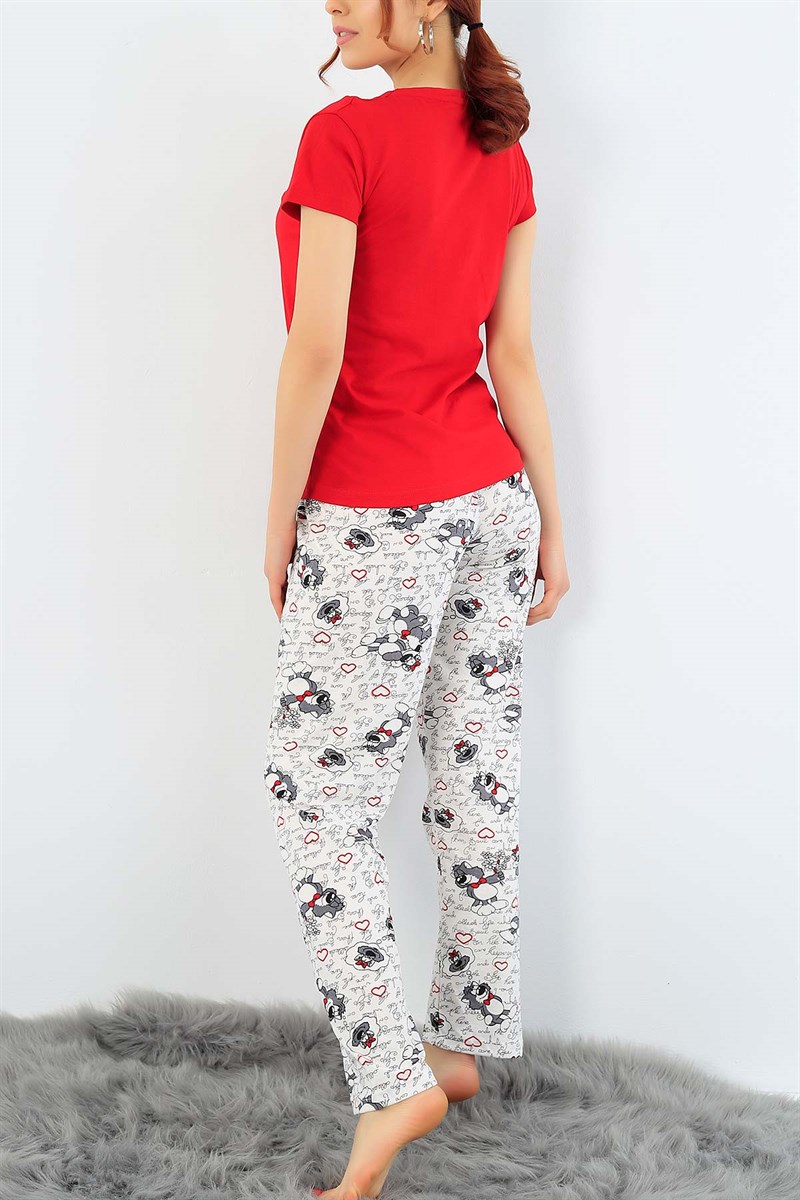 Kırmızı Baskılı Bayan Pijama Takımı 32064
