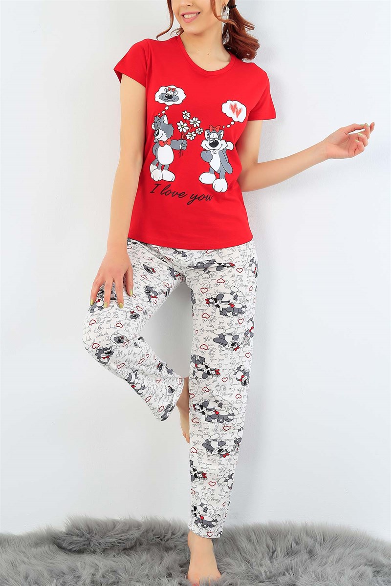 Kırmızı Baskılı Bayan Pijama Takımı 32064