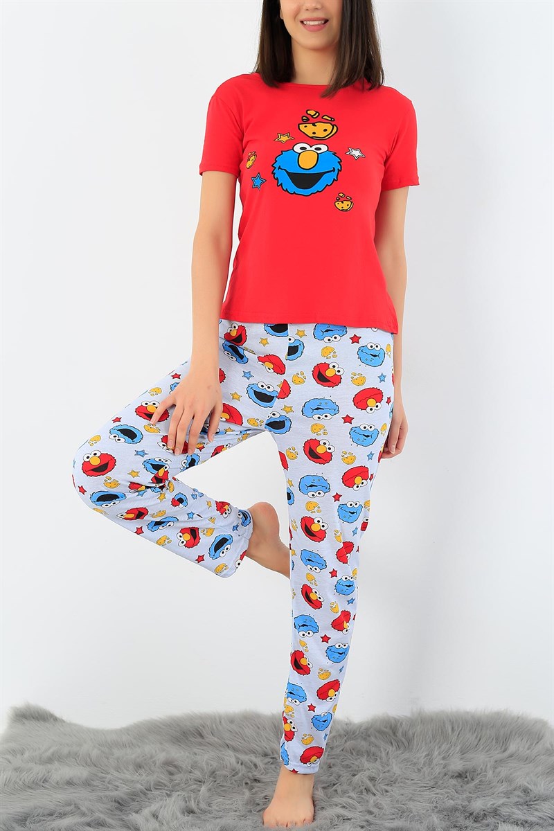 Kırmızı Baskılı Bayan Pijama Takımı 33401