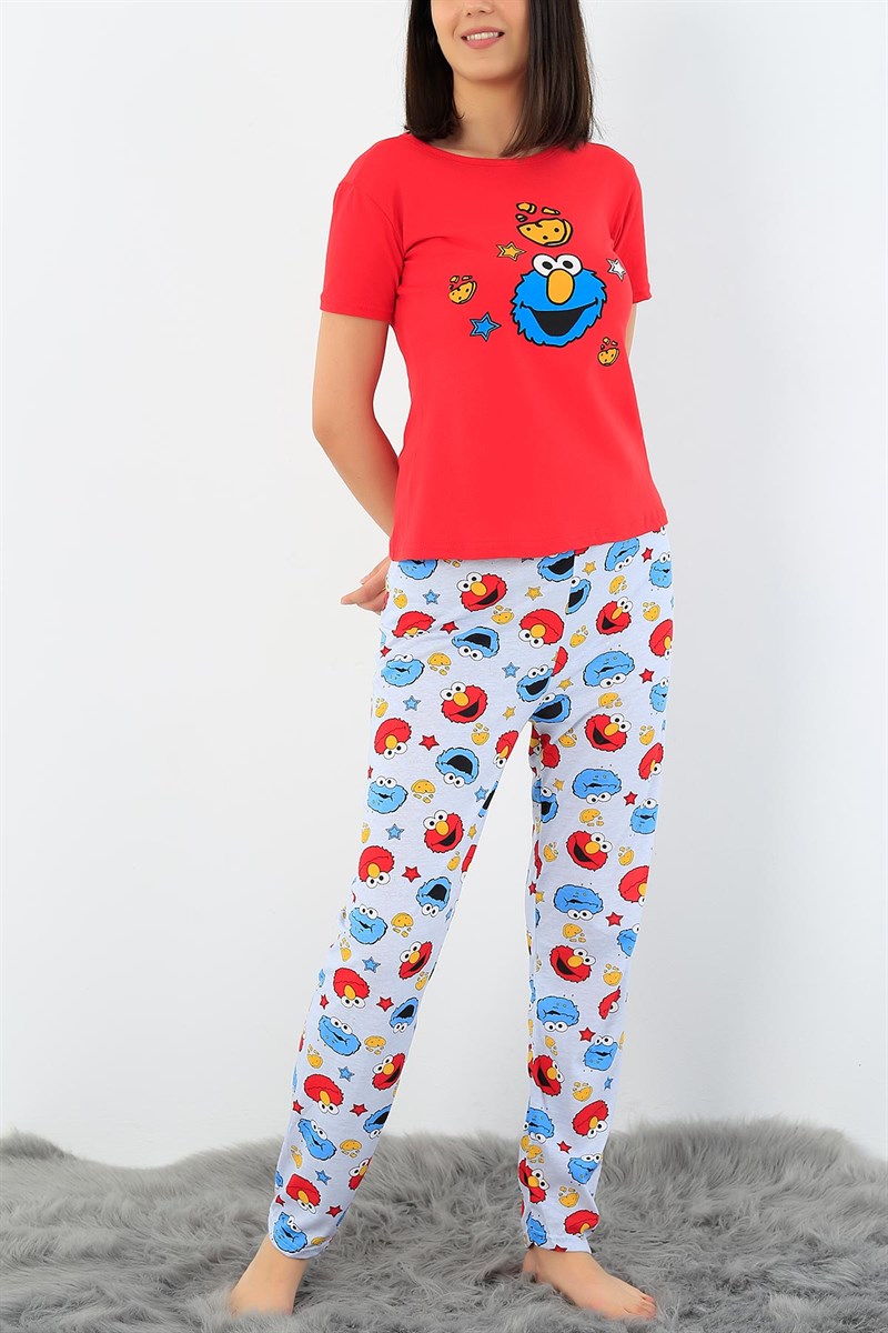 Kırmızı Baskılı Bayan Pijama Takımı 33401