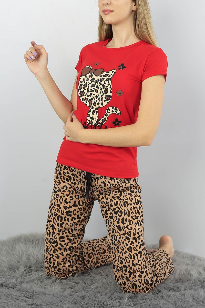 Kırmızı Baskılı Bayan Pijama Takımı 52065