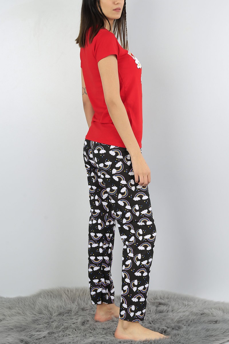 Kırmızı Baskılı Bayan Pijama Takımı 52080