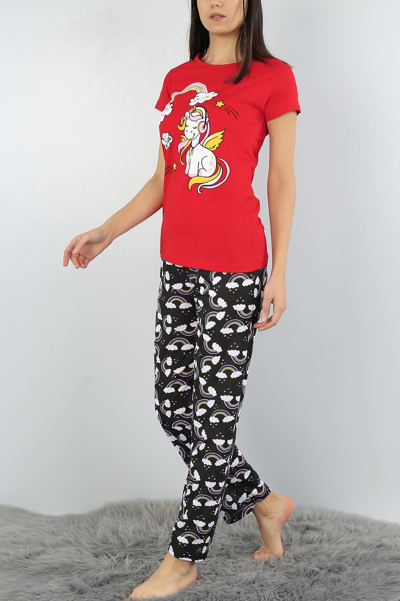 Kırmızı Baskılı Bayan Pijama Takımı 52080
