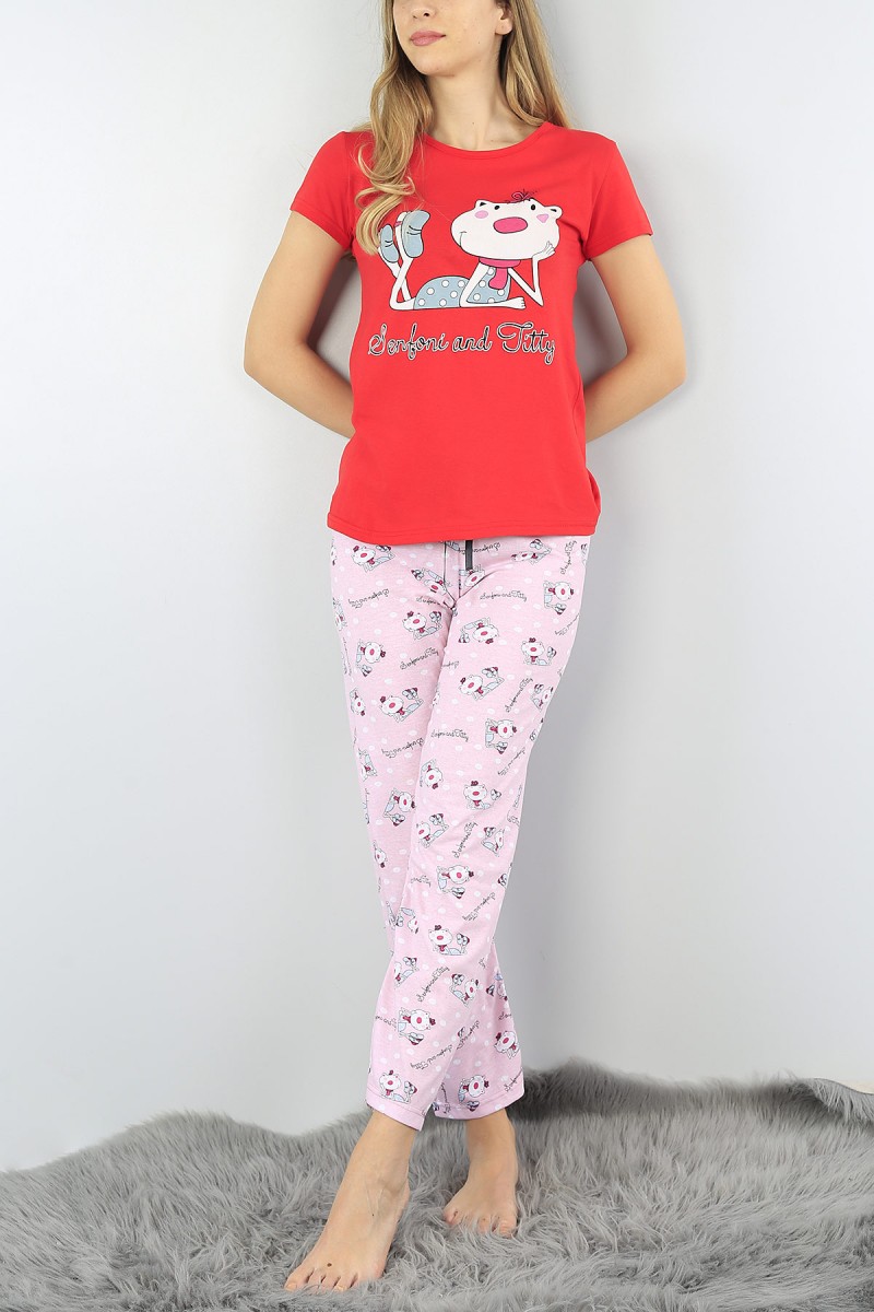 Kırmızı Baskılı Bayan Pijama Takımı 52091