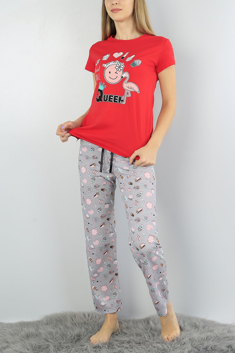 Kırmızı Baskılı Bayan Pijama Takımı 52095