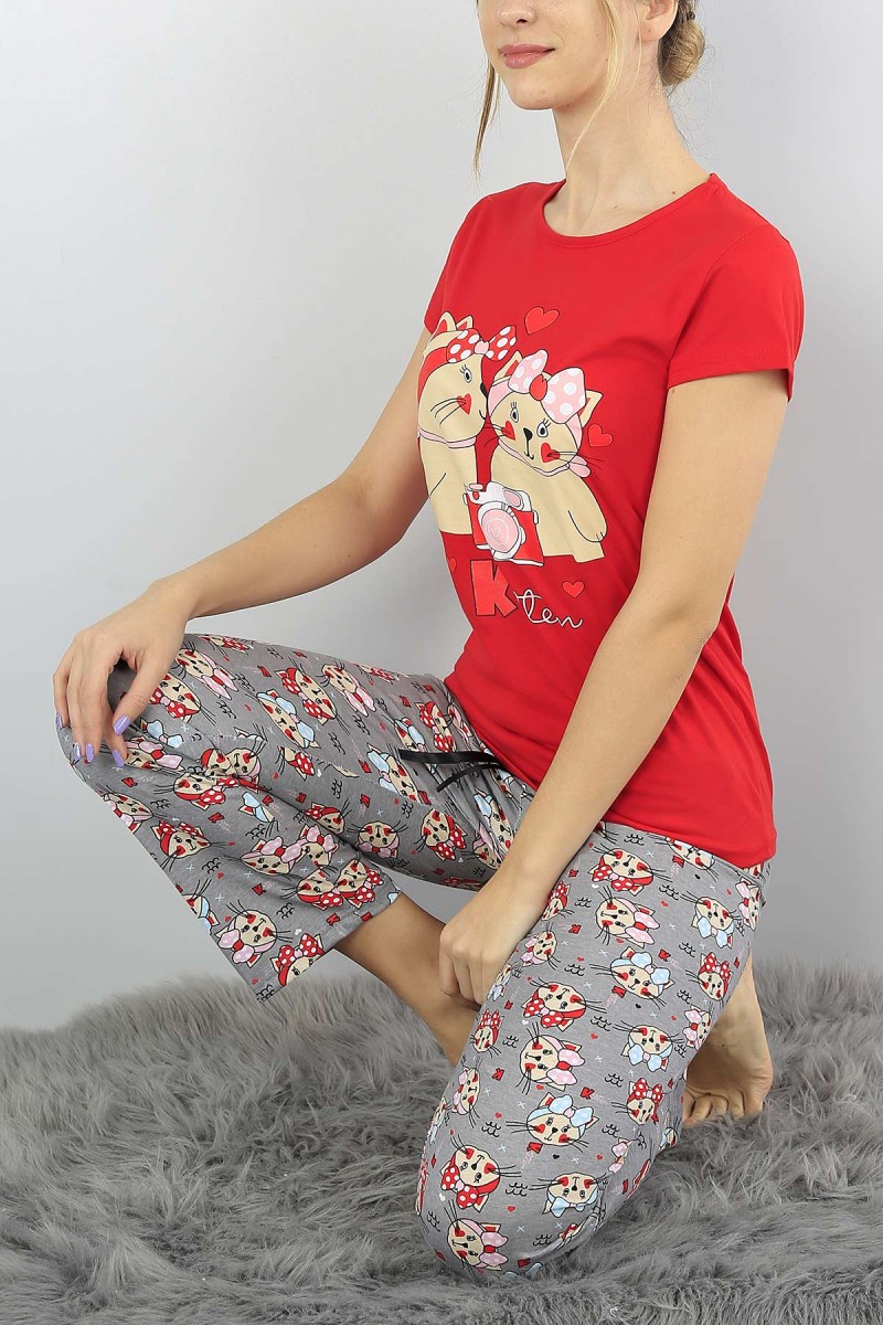 Kırmızı Baskılı Bayan Pijama Takımı 52127