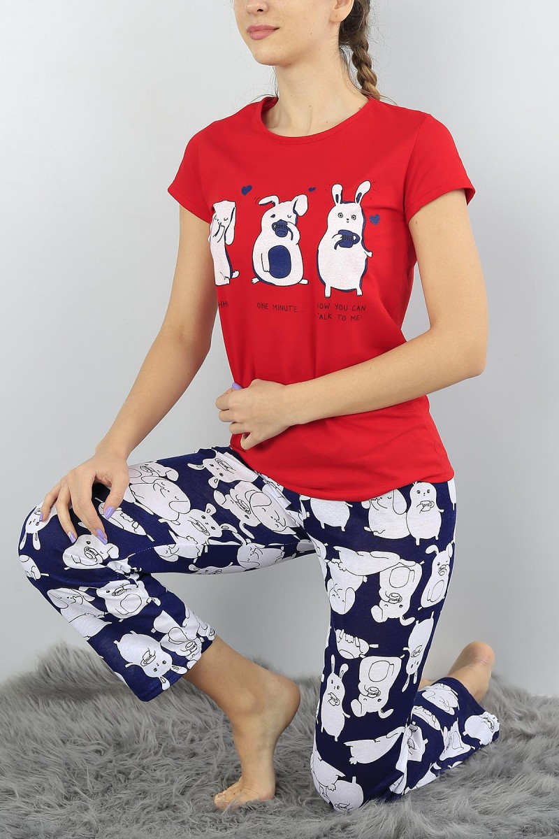 Kırmızı Baskılı Bayan Pijama Takımı 52141