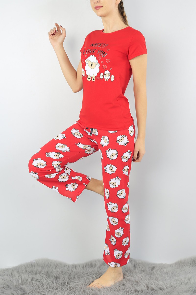 Kırmızı Baskılı Bayan Pijama Takımı 52263