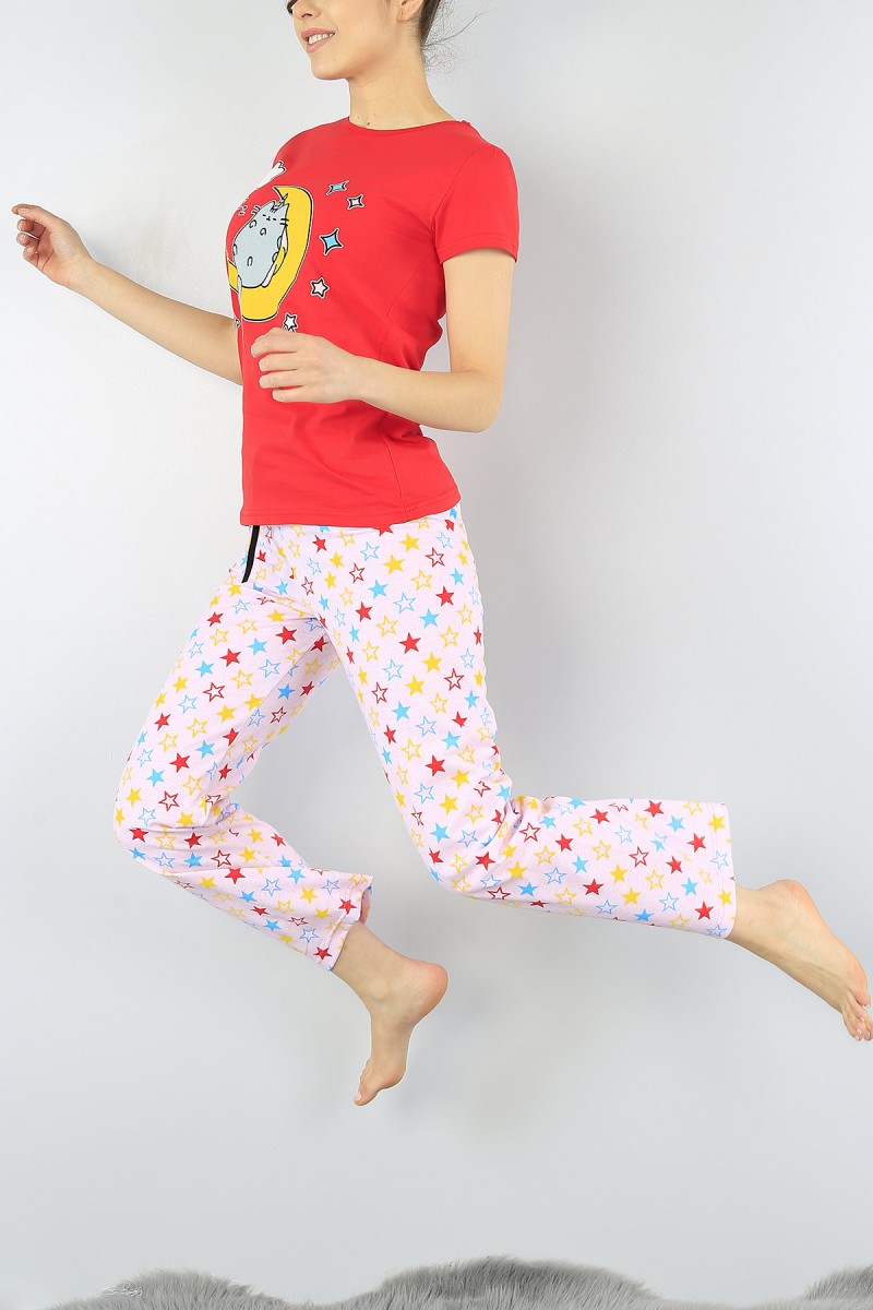 Kırmızı Baskılı Bayan Pijama Takımı 52275