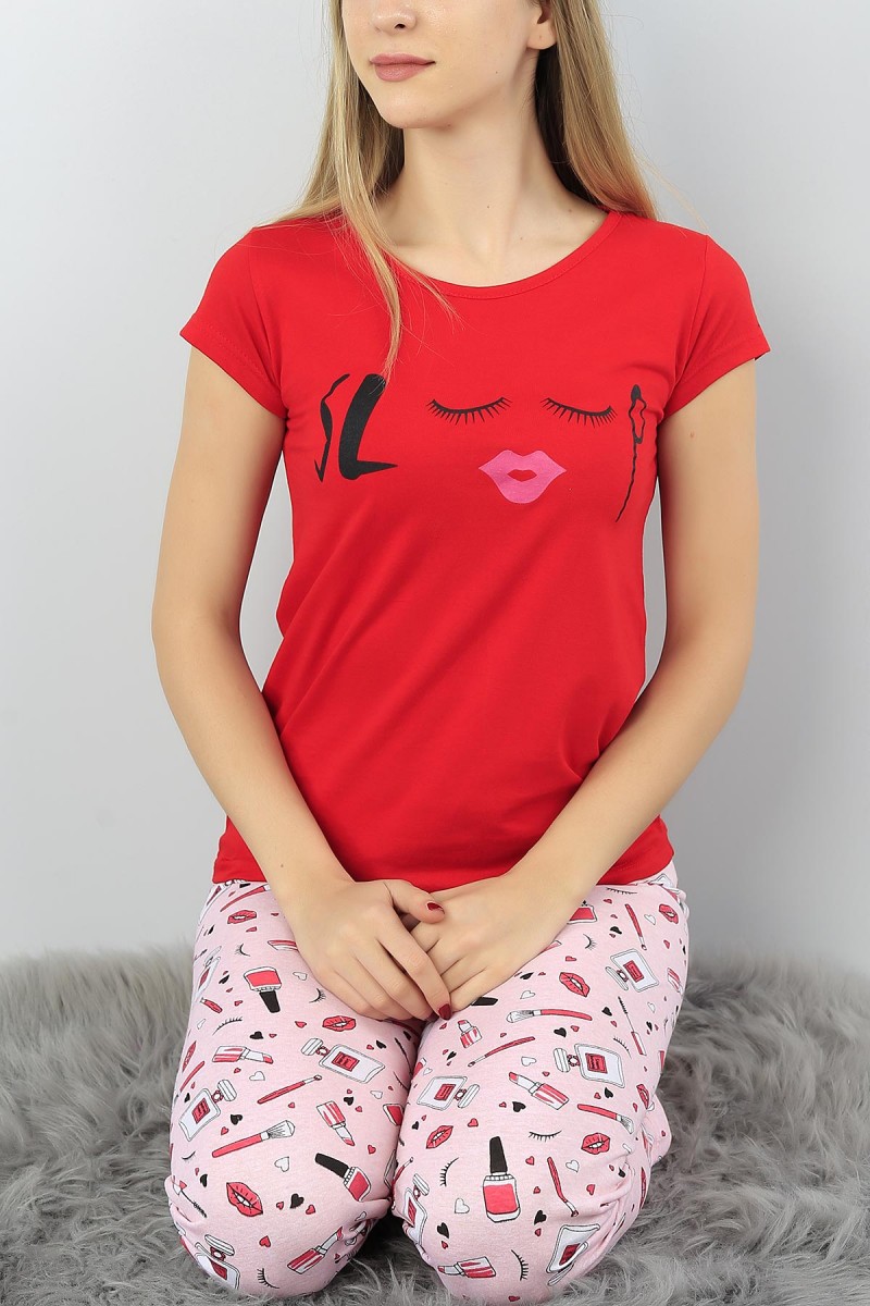 Kırmızı Baskılı Bayan Pijama Takımı 52301