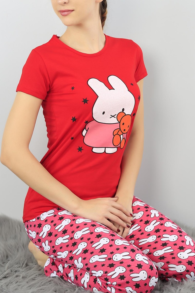Kırmızı Baskılı Bayan Pijama Takımı 52307