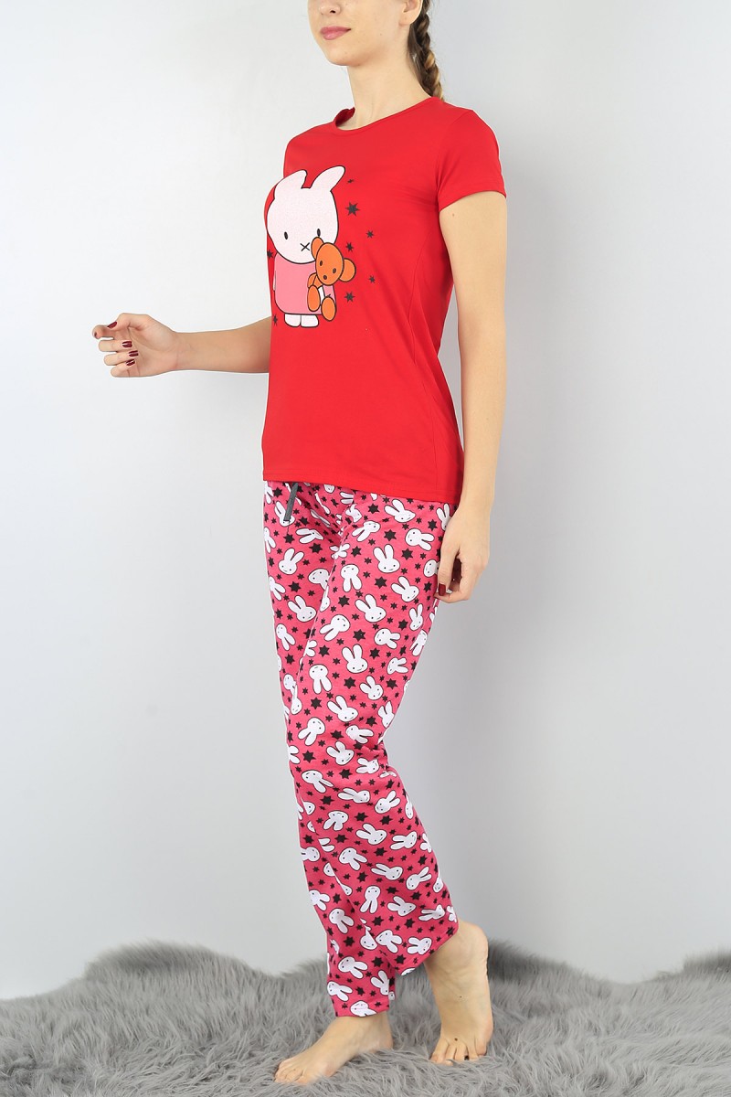 Kırmızı Baskılı Bayan Pijama Takımı 52307