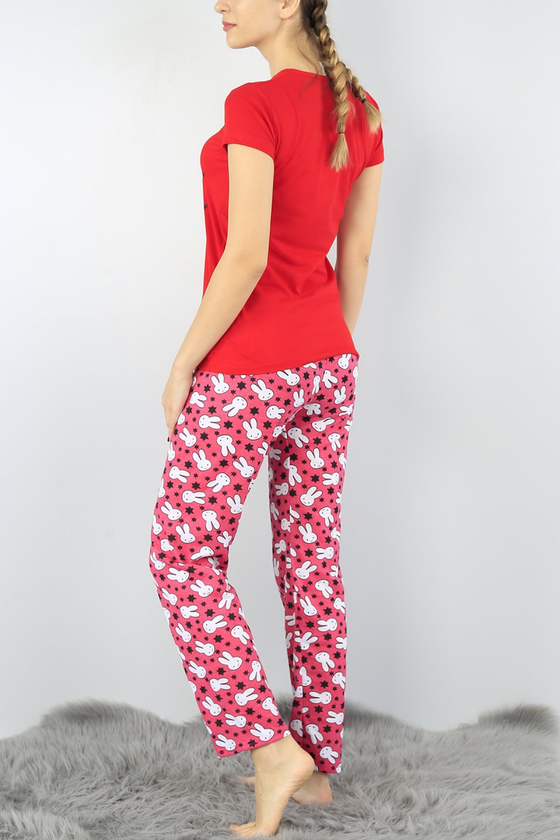Kırmızı Baskılı Bayan Pijama Takımı 52307