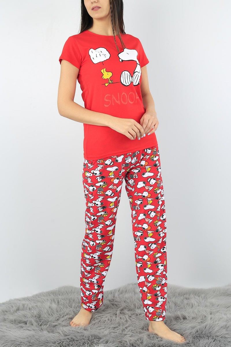 Kırmızı Baskılı Bayan Pijama Takımı 52370