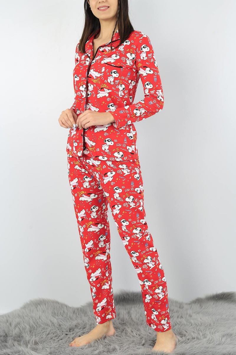 Kırmızı Baskılı Bayan Pijama Takımı 52859