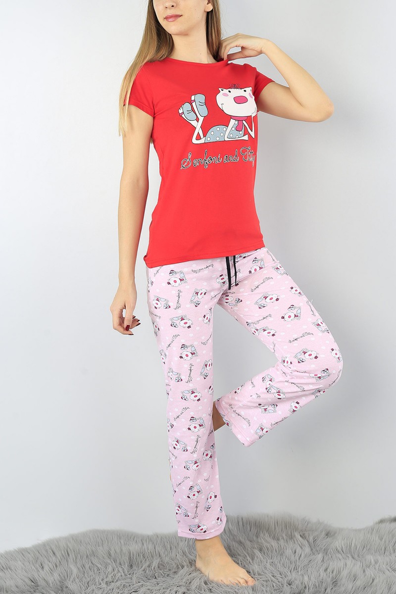 Kırmızı Baskılı Bayan Pijama Takımı 53360