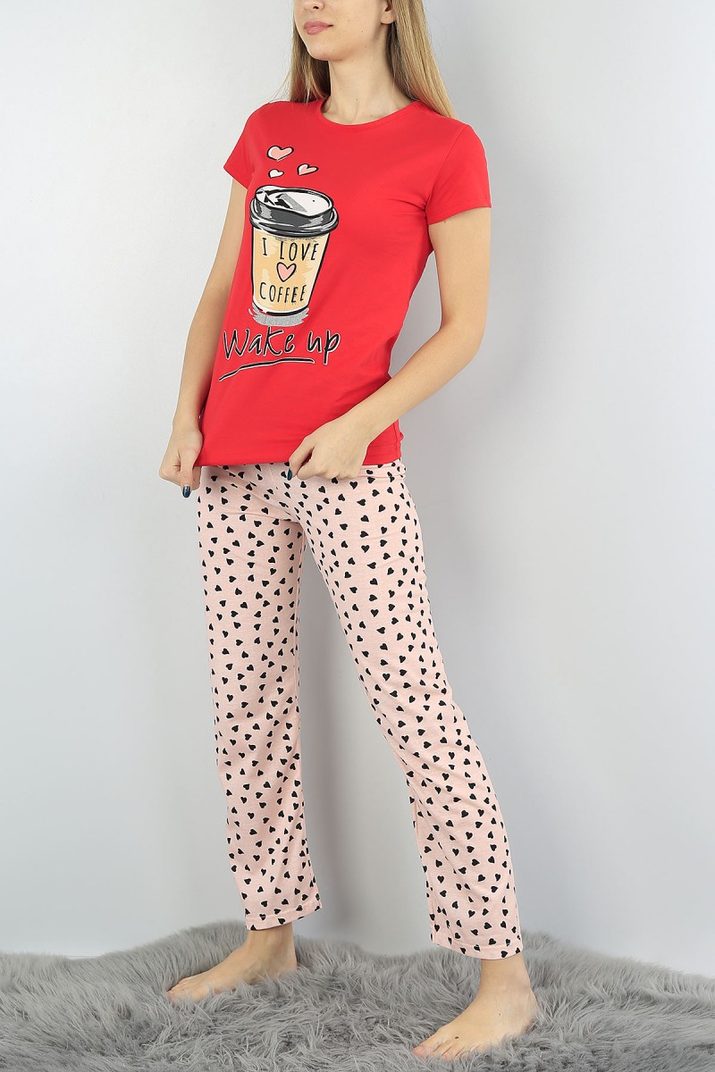 Kırmızı Baskılı Bayan Pijama Takımı 54411