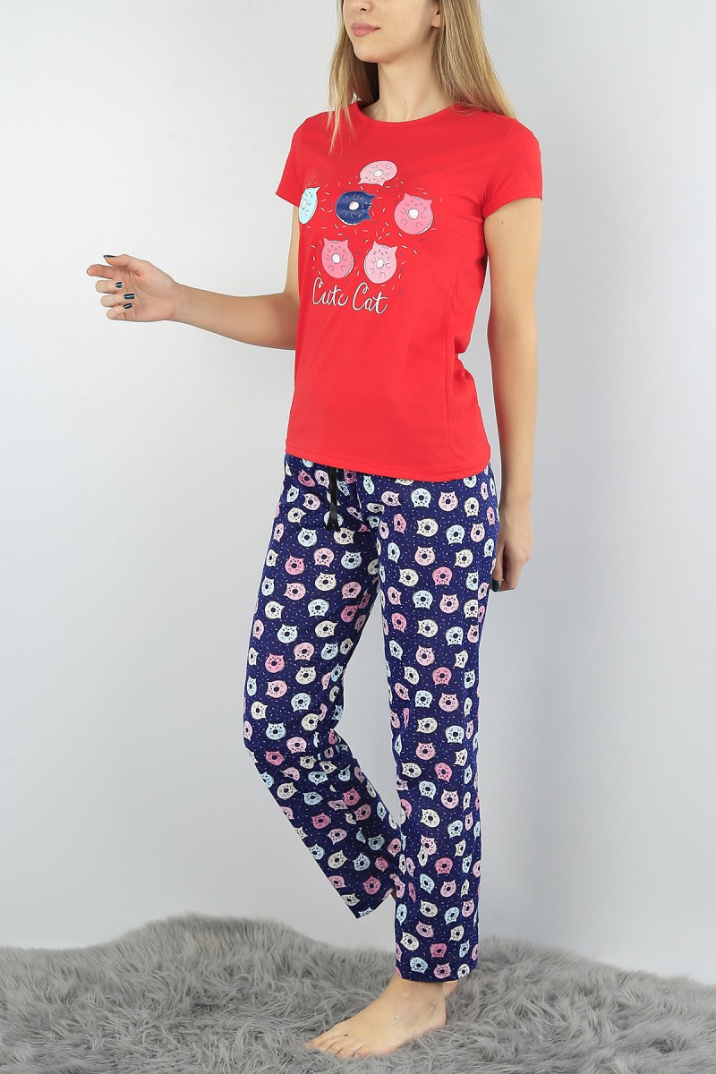 Kırmızı Baskılı Bayan Pijama Takımı 54420