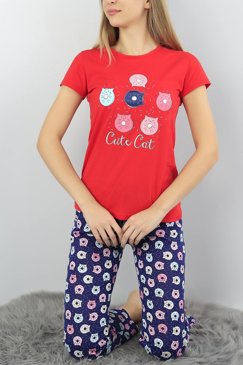 Kırmızı Baskılı Bayan Pijama Takımı 54420
