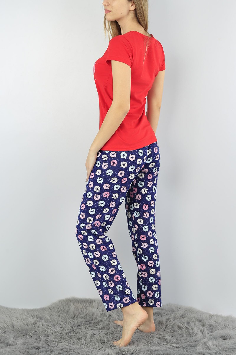 Kırmızı Baskılı Bayan Pijama Takımı 54420