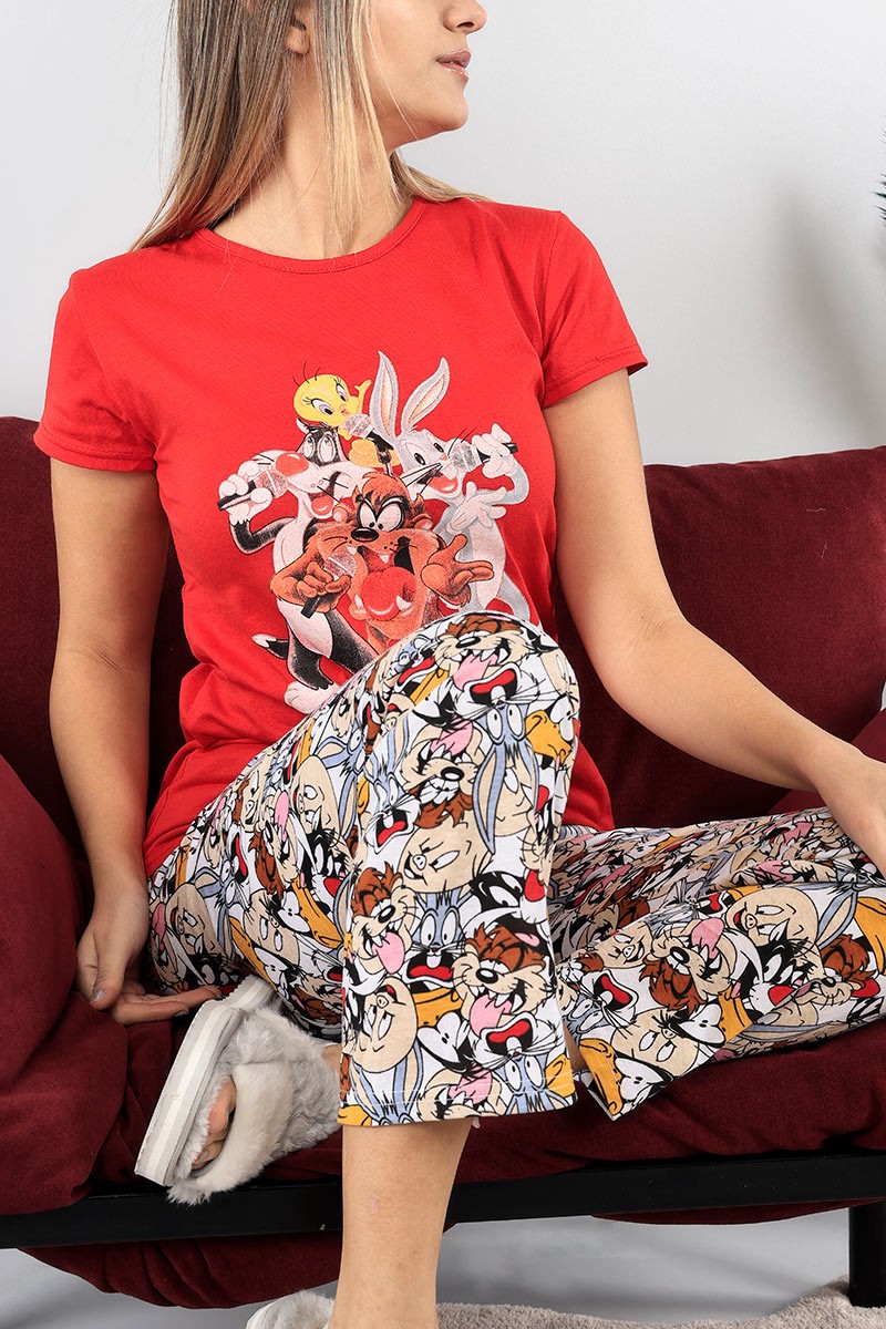Kırmızı Baskılı Bayan Pijama Takımı 92090