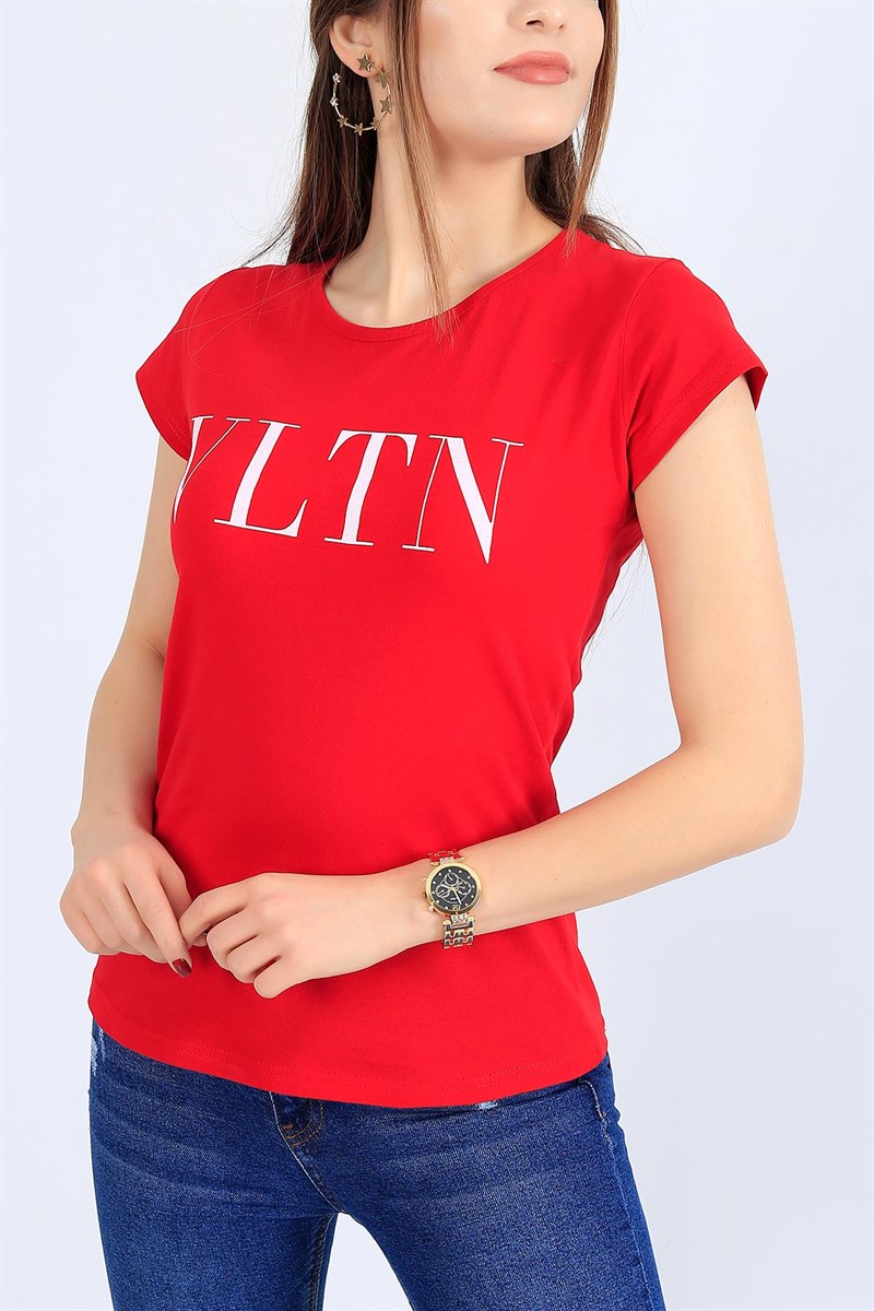 Kırmızı Baskılı Bayan Tişört 26844B