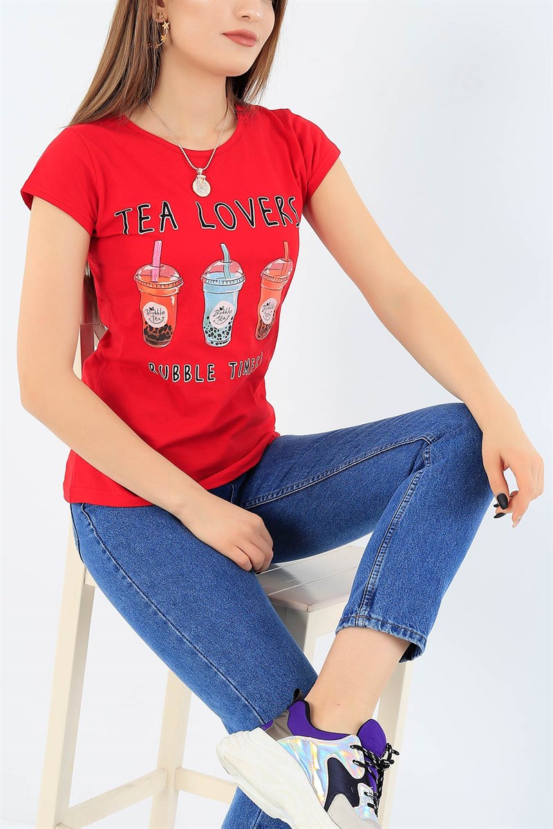 Kırmızı Baskılı Bayan Tişört 27535B