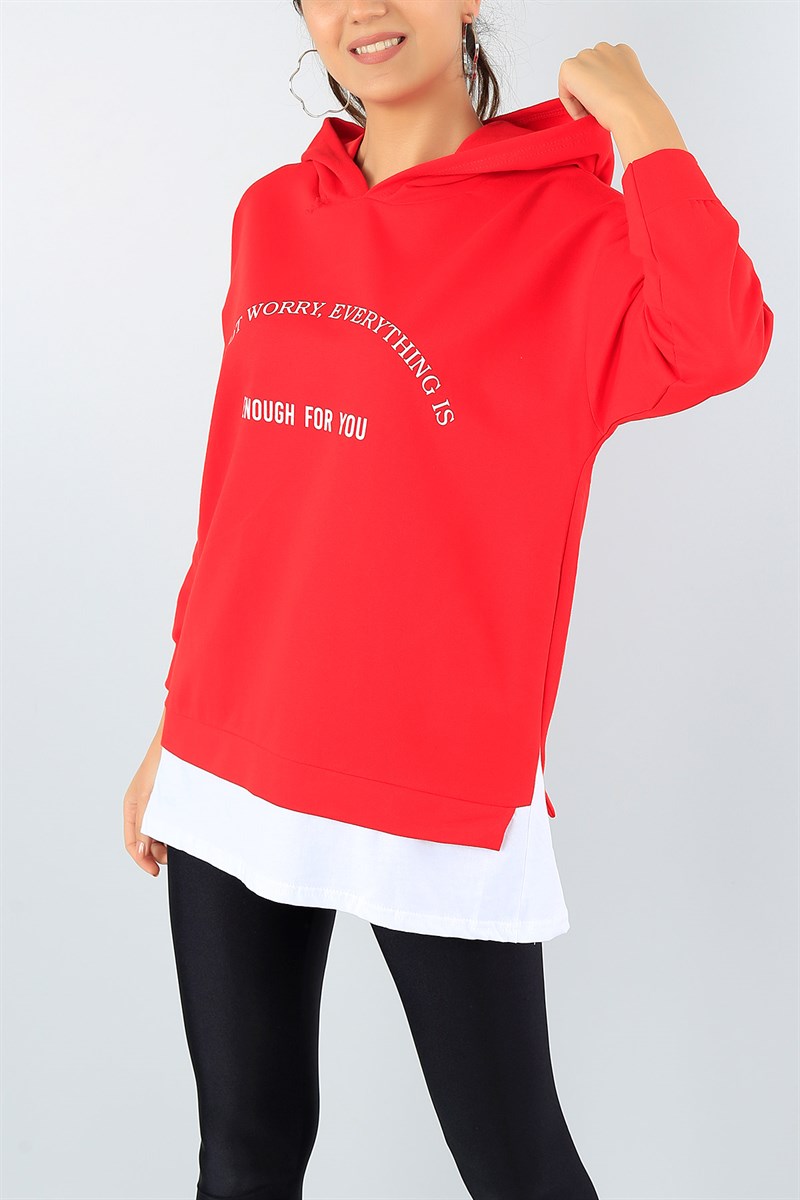 Kırmızı Baskılı Kapüşonlu Bayan Sweat 43060