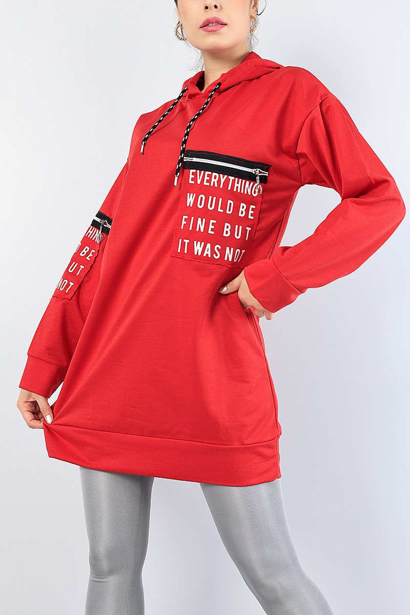 Kırmızı Baskılı Kapüşonlu Sweat Tunik 76499