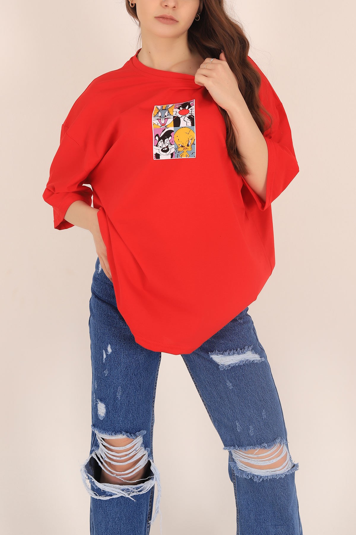 Kırmızı Baskılı Oversize Tişört 169881