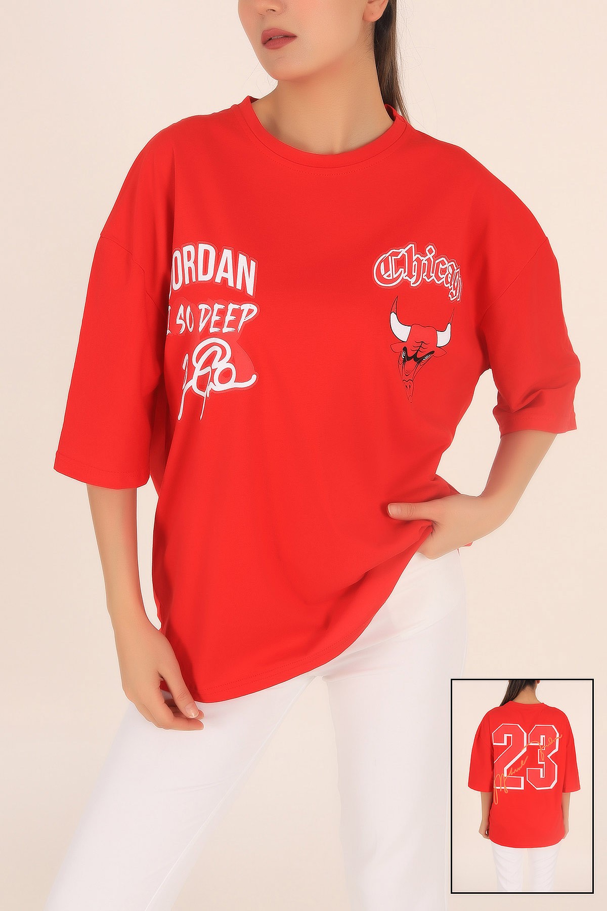 Kırmızı Baskılı Oversize Tişört 169884