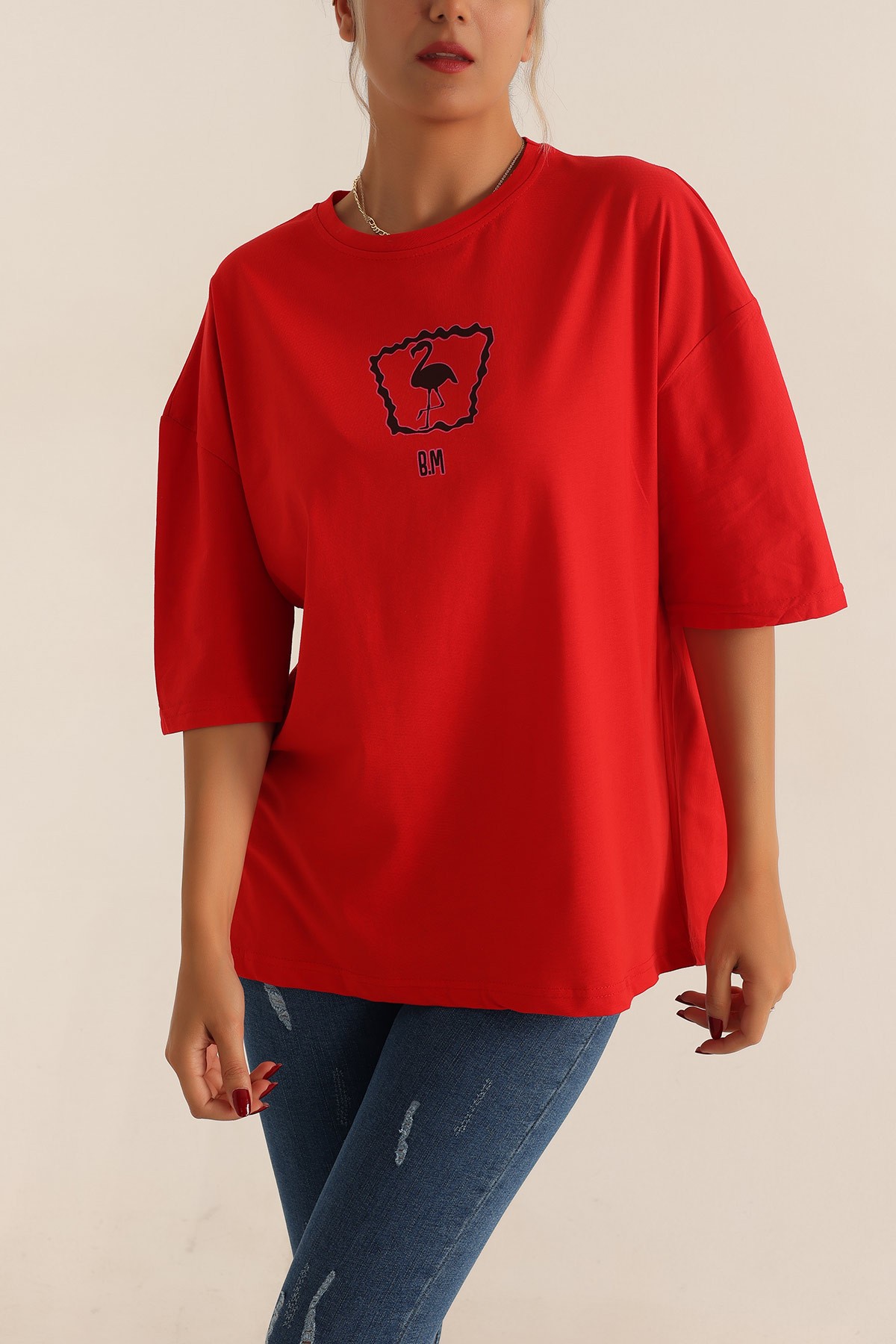 Kırmızı Baskılı Oversize Tişört 193580