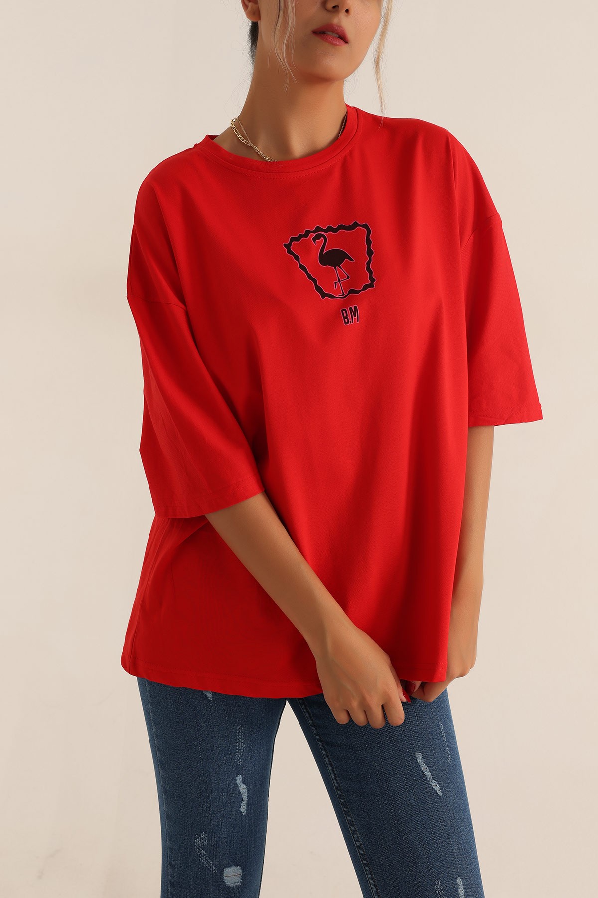 Kırmızı Baskılı Oversize Tişört 193580