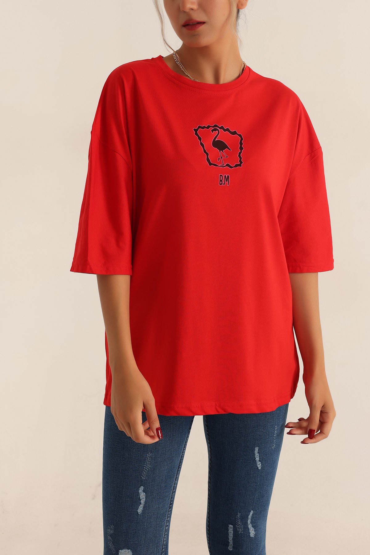 Kırmızı Baskılı Oversize Tişört 193580