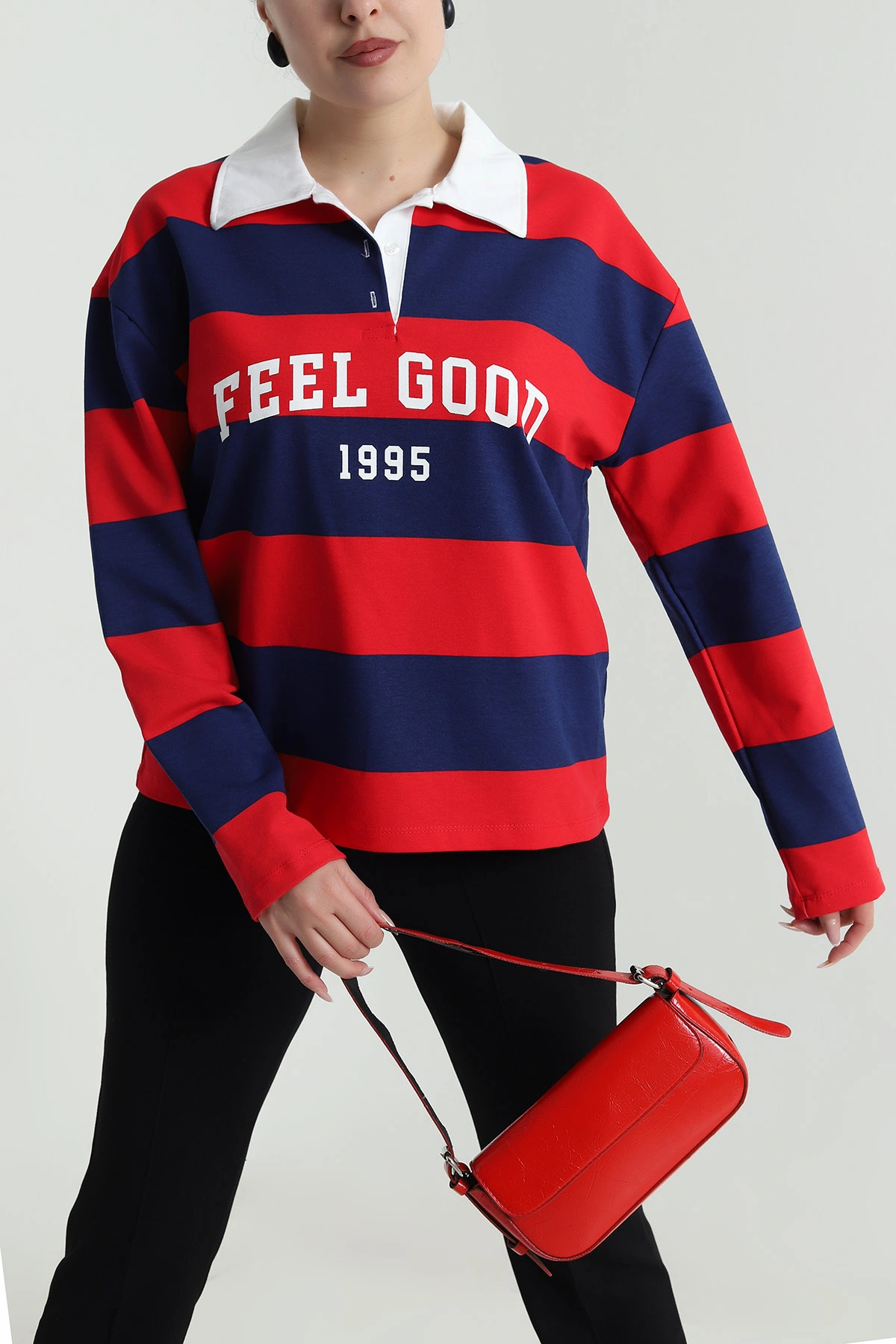 Kırmızı Baskılı Polo Yaka İki İp Kadın Sweat 492558