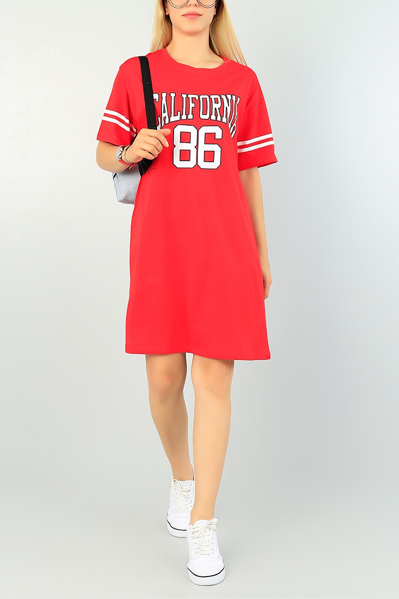 Kırmızı Baskılı Tasarım Elbise 69543