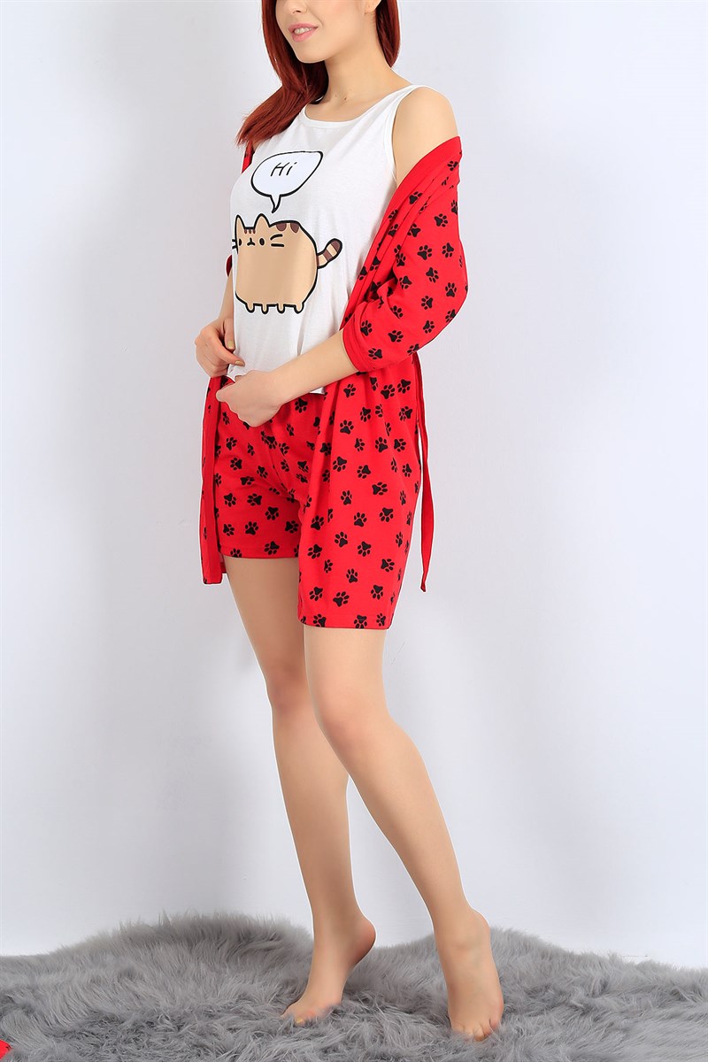 Kırmızı Baskılı Üçlü Sabahlık Pijama Takımı 26934B