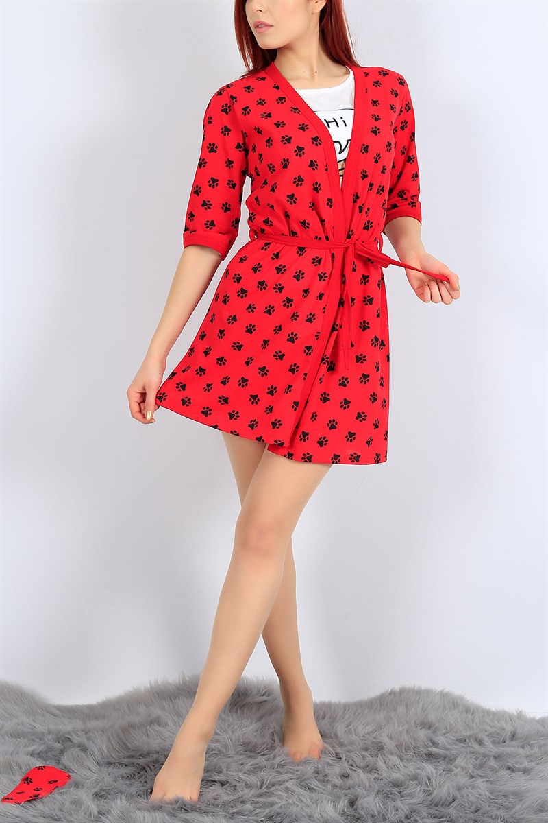 Kırmızı Baskılı Üçlü Sabahlık Pijama Takımı 26934B