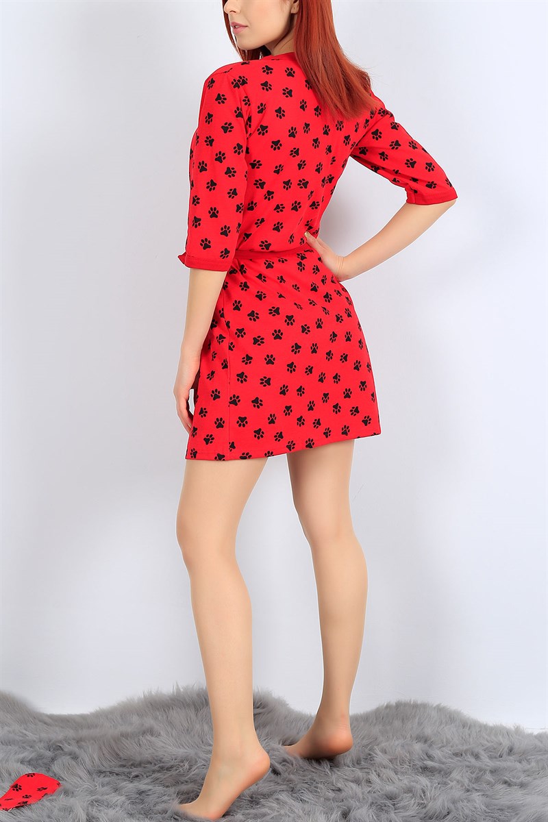 Kırmızı Baskılı Üçlü Sabahlık Pijama Takımı 26934B