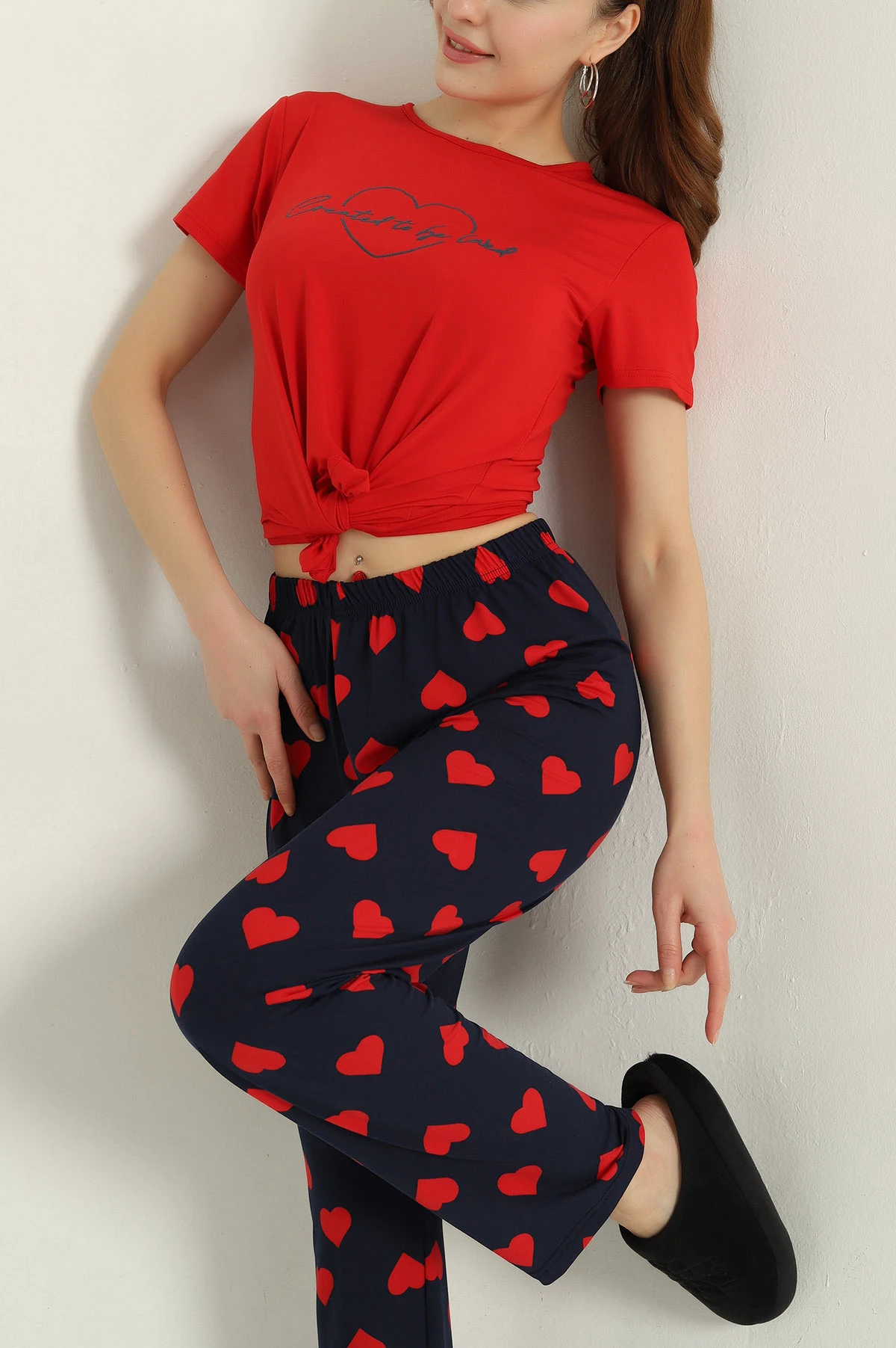 Kırmızı Baskılı Viskon Kadın Pijama Takımı 347347